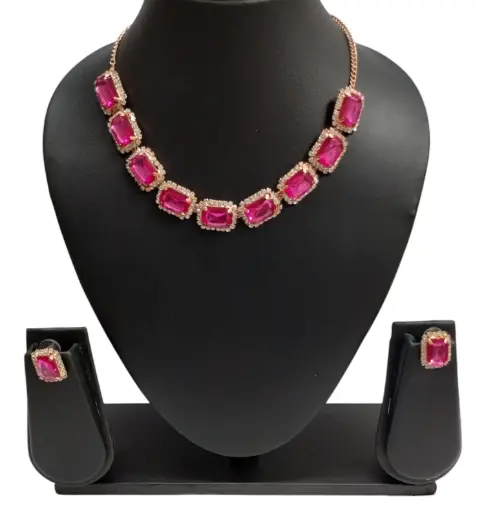 [KLSP004] Pink Cubic Zirconia Diamond Necklace Set