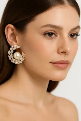 [KLE023] Chic Crystal & Pearl C-Hoop Earrings ✨