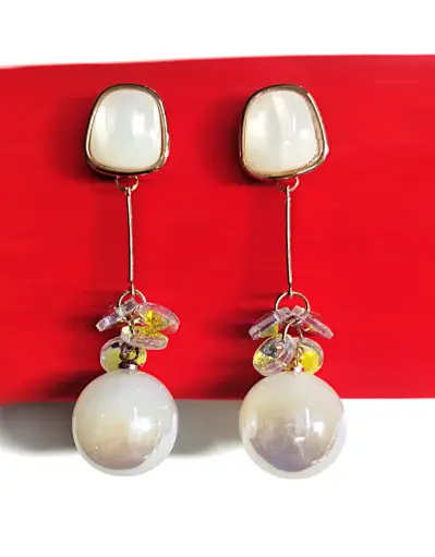[KLE025] Elegant Iridescent Drop Earrings with Pearl & Crystal Accents 🌸