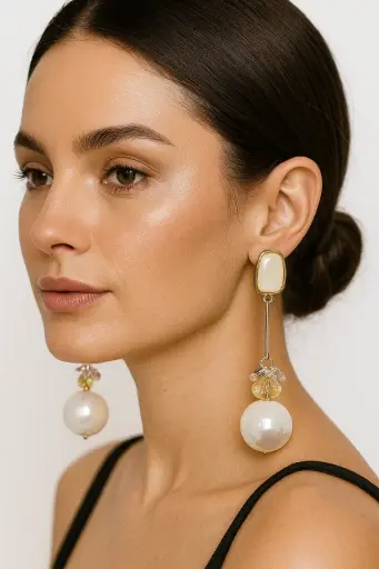 [KLE025] Elegant Iridescent Drop Earrings with Pearl & Crystal Accents 🌸