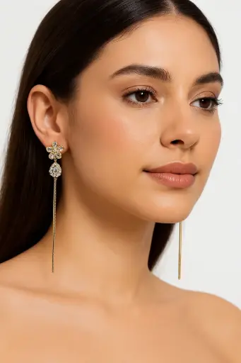 [KLE033] Floral Cascade Crystal & Chain Drop Earrings ✨