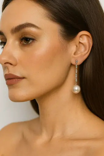 [KLE035] Elegant Crystal Chain & Pearl Drop Earrings ✨