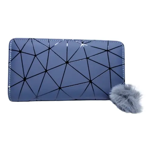Geometric Grid Long Wallet with Pom-Pom Charm 💠👛🎀